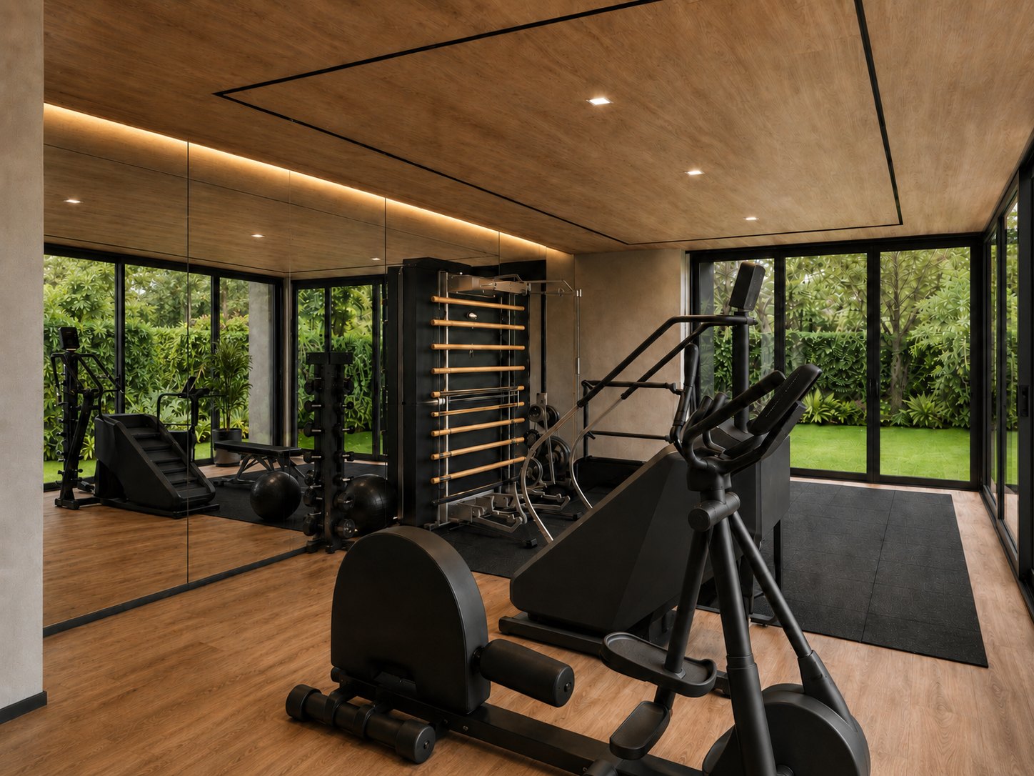 Interior da academia com parede espelhada, espaldar de madeira, aparelhos de cardio, piso de madeira e emborrachado, e vista para o jardim
