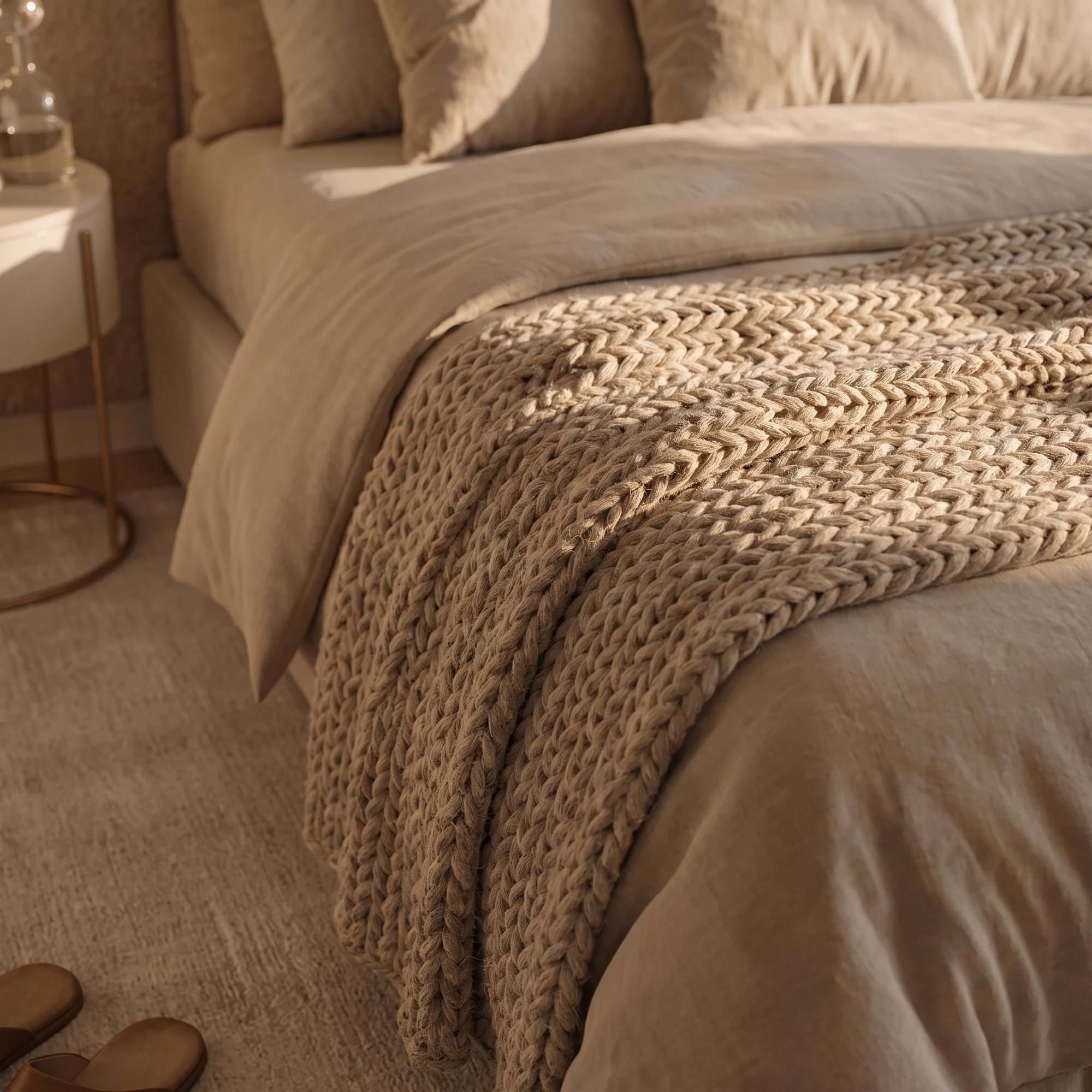 Detalhe da manta de tricô grosso sobre a cama, com criado-mudo de base dourada