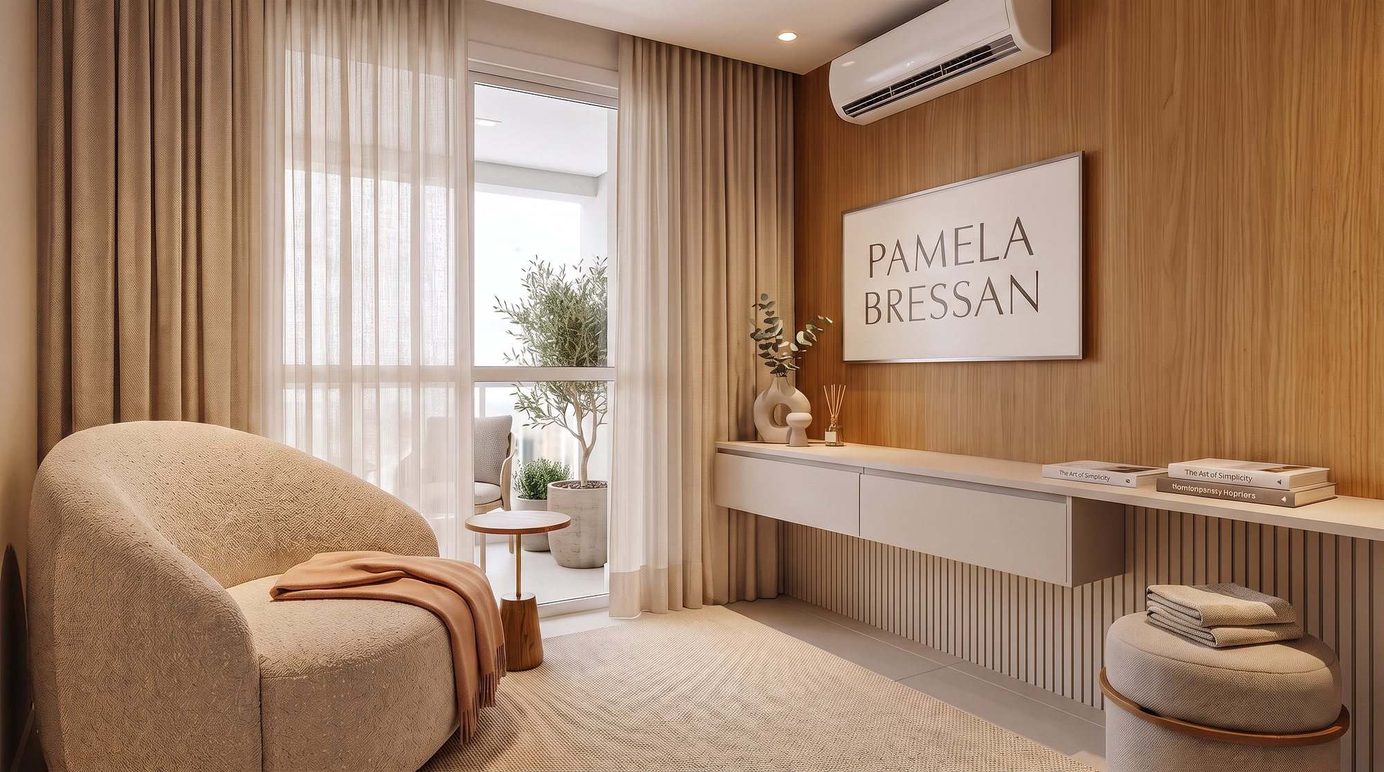 Ambiente de estar com poltrona orgânica em bouclê, cortinas de linho, aparador suspenso e painel de madeira
