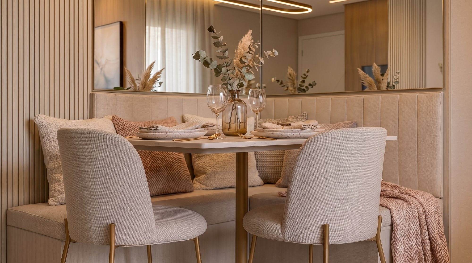 Mesa posta no canto alemão, com taças, pratos de pedra e arranjo de eucalipto e capim-dos-pampas