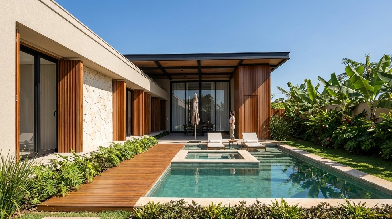 Área da piscina da Casa 15, com deck de madeira, pergolado de estrutura escura, venezianas de madeira, parede de pedra e jardim tropical