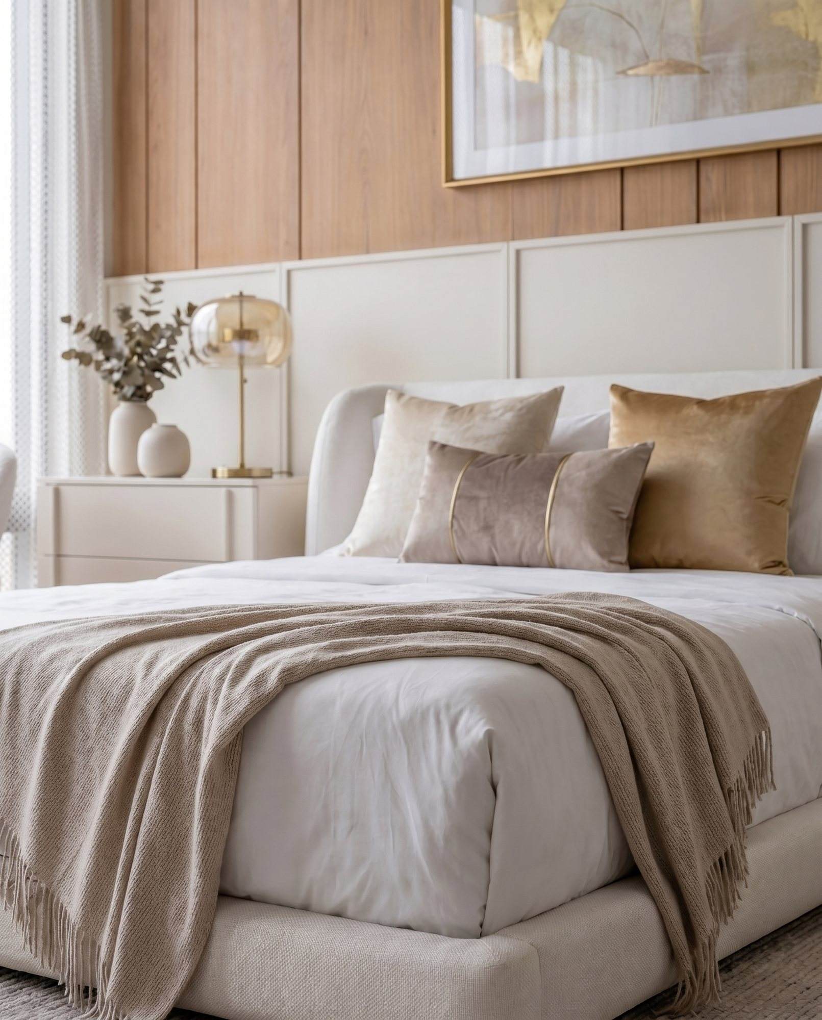 Detalhe da cama com almofadas em veludo dourado e areia e manta de franjas