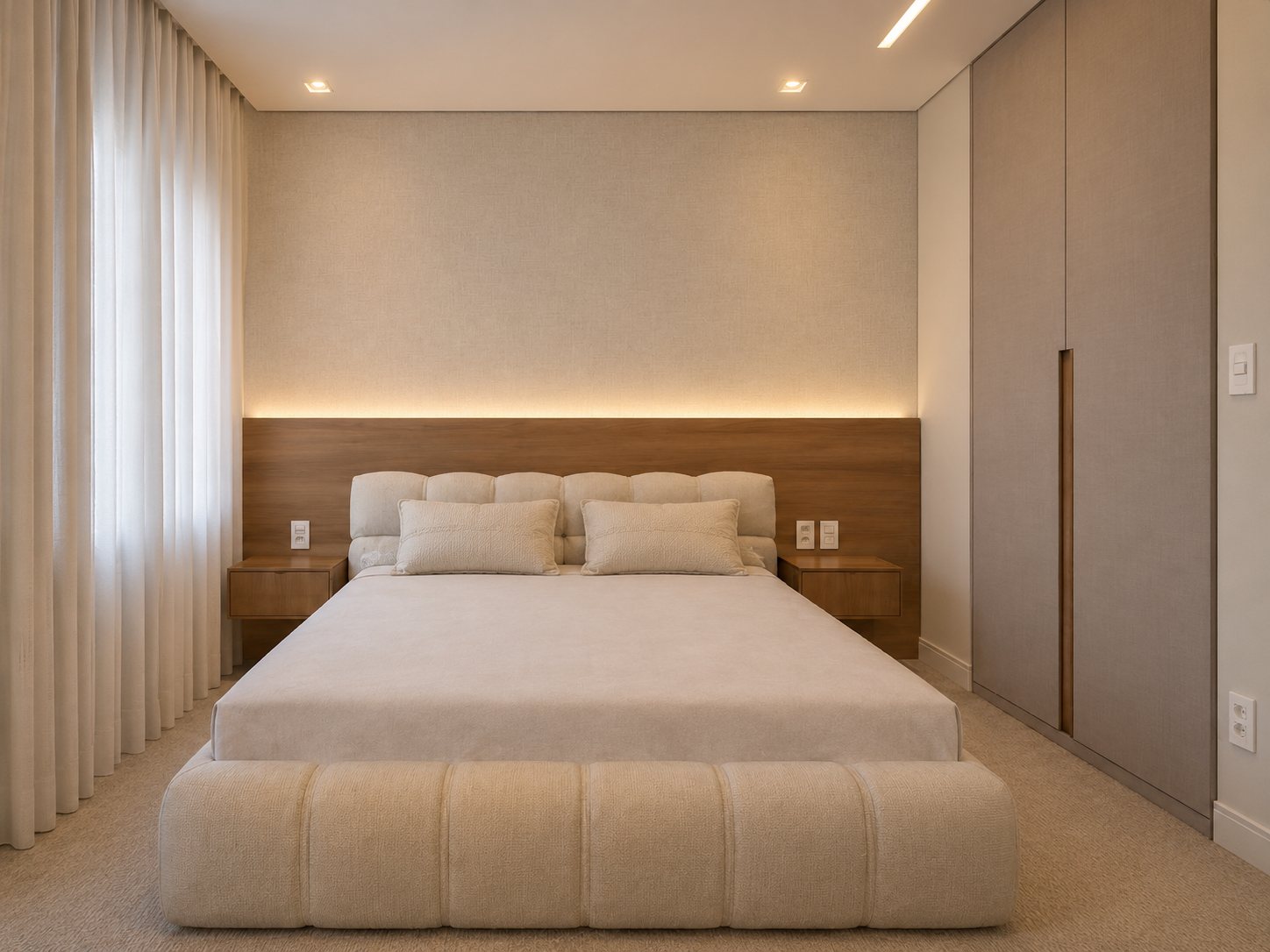 Quarto com cabeceira em madeira e luz indireta, cama toda estofada em tecido claro, criados suspensos e armário de portas lisas